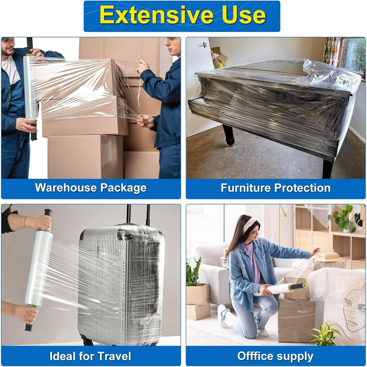 IZEYNO 15 Inch Clear Stretch Wrap Roll with Handles, 1000 Feet Heavy-Duty Shrink Wrap for Moving, Packing, and Pallet Wrapping
