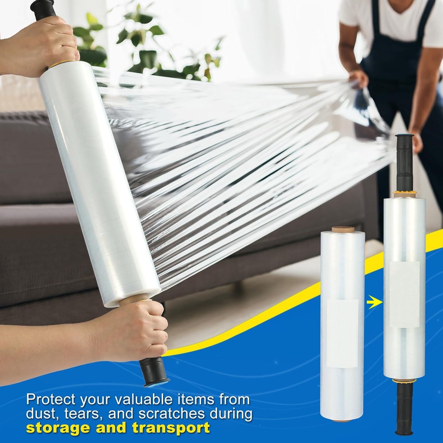 IZEYNO 15 Inch Clear Stretch Wrap Roll with Handles, 1000 Feet Heavy-Duty Shrink Wrap for Moving, Packing, and Pallet Wrapping