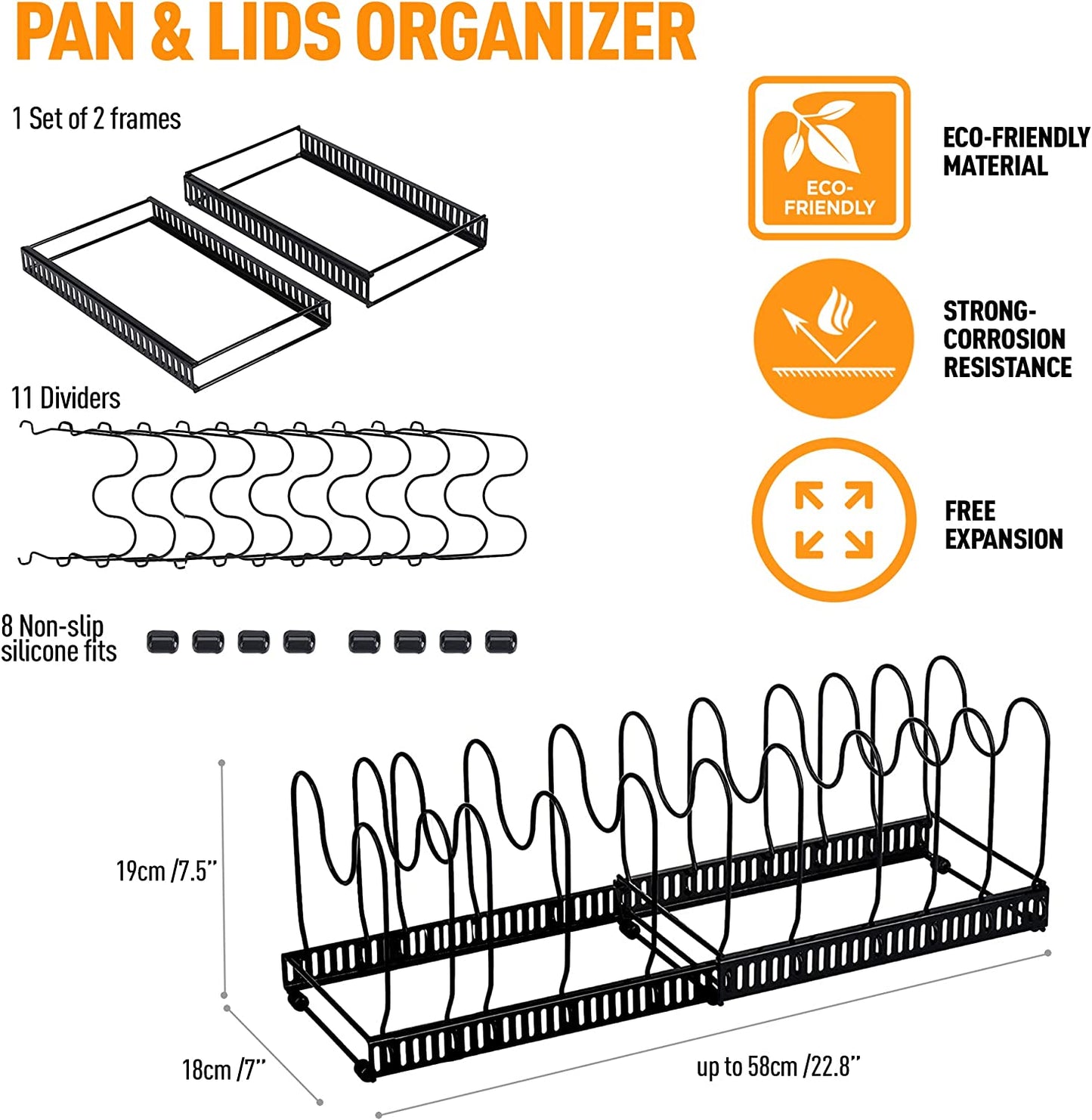 IZEYNO Pot Rack, Expandable Pan Organizer, Pot Lid Holder with 10 Adjustable Compartment for Kitchen Cabinet Cookware