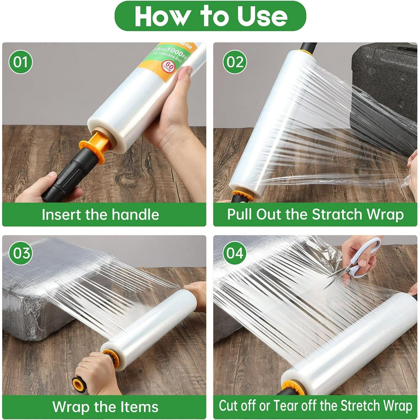 IZEYNO 15 Inch Clear Stretch Wrap Roll with Handles, 1000 Feet Heavy-Duty Shrink Wrap for Moving, Packing, and Pallet Wrapping