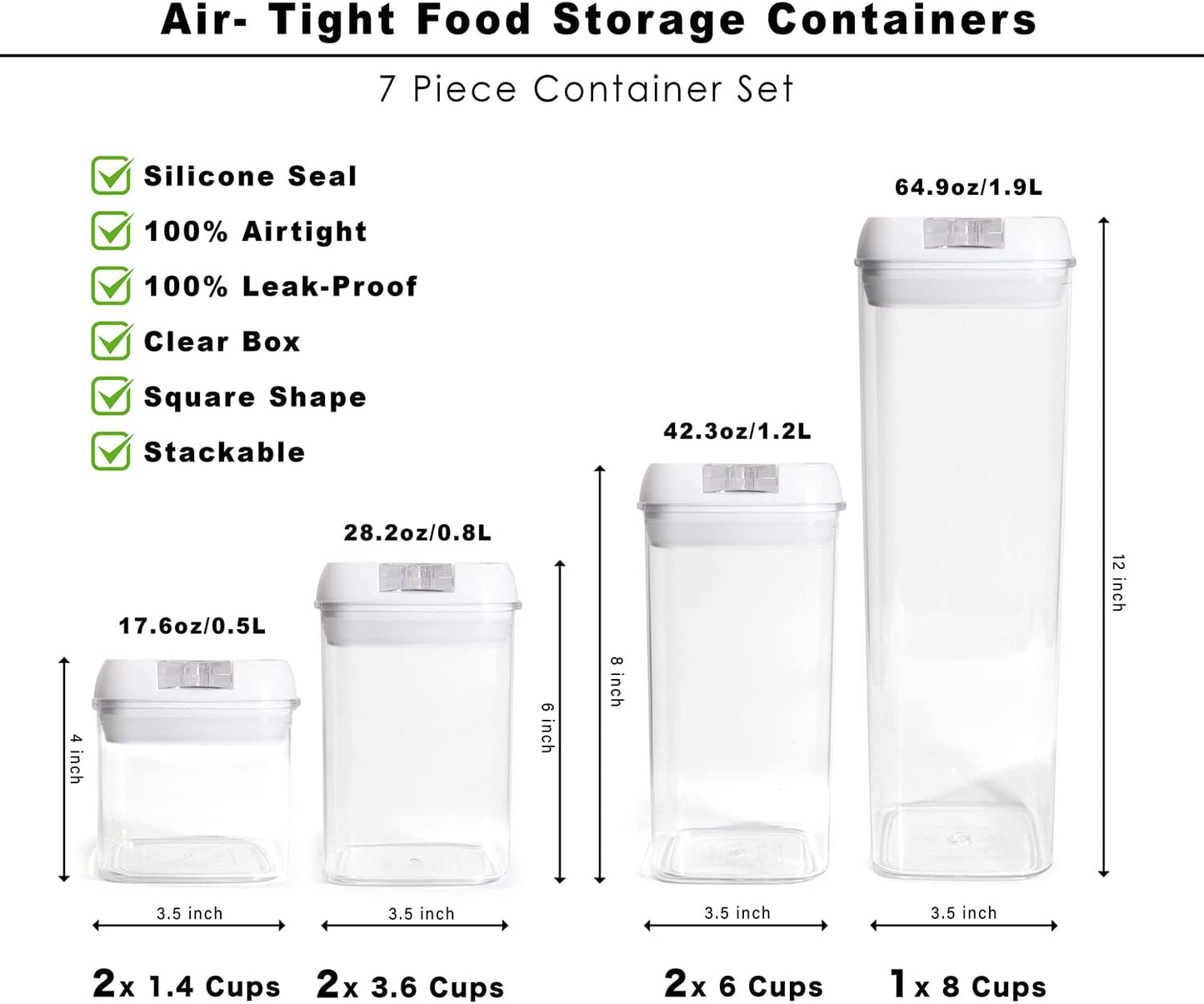 IZEYNO Airtight Food Storage Containers Set of 7, BPA Free Plastic Kitchen Pantry Organization with Easy Lock Lids Ideal for Cereal, Flour & Sugar Include Label and Marker, White