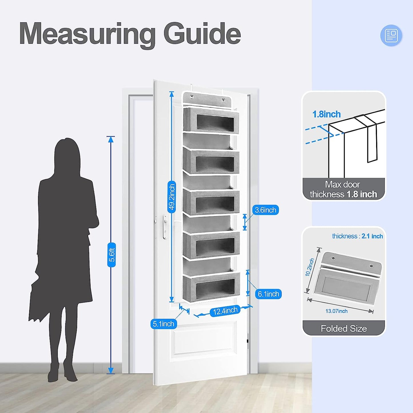 IZEYNO Over The Door Organizer with 5 Large Pockets, Behind Door Hanging Storage with Clear Window and 2 Metal Hooks for Pantry Nursery Room Closet Bathroom