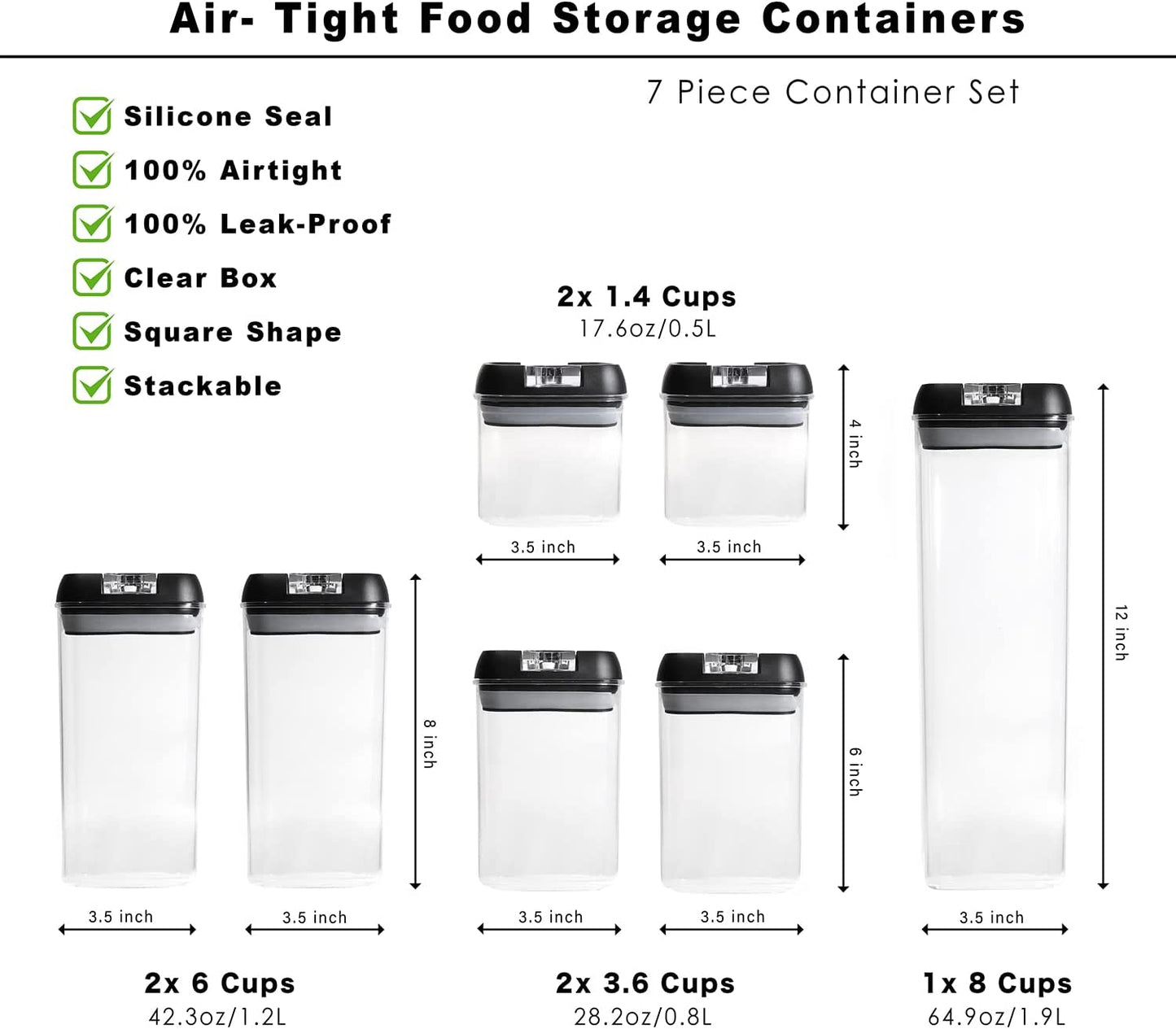 IZEYNO Airtight Food Storage Containers Set of 7, BPA Free Plastic Kitchen Pantry Organization with Easy Lock Lids Ideal for Cereal, Flour & Sugar Include Label and Marker, Black
