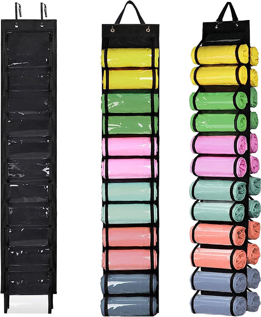 IZEYNO Legging Storage Organizer, Hanging Closet Organizer with 24 Roll Compartments for Yoga Pants, Tank Top, Towel, Underwear, Shirt, Black