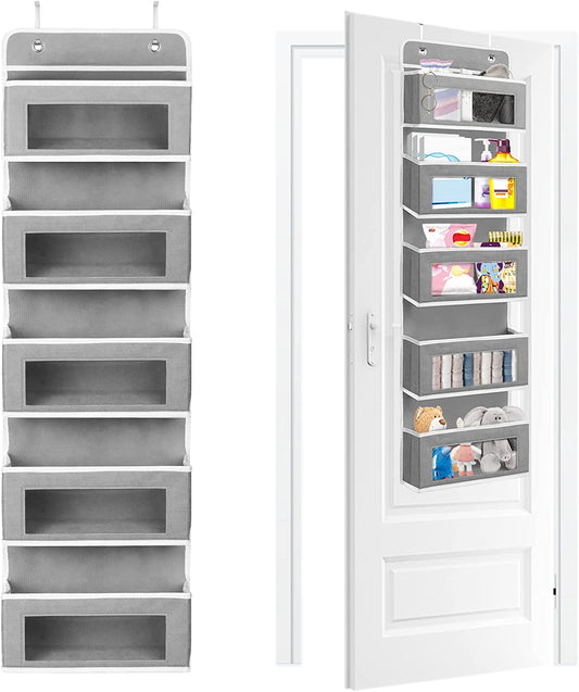 IZEYNO Over The Door Organizer with 5 Large Pockets, Behind Door Hanging Storage with Clear Window and 2 Metal Hooks for Pantry Nursery Room Closet Bathroom