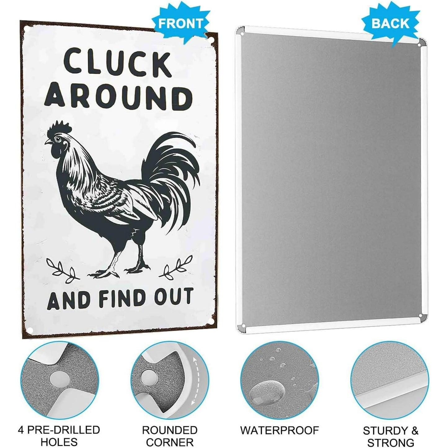 IZEYNO Cluck Around and Find Out Tin Sign, 8 x 12 Inch Plaque Wall Decor for Farm Chicken Coop Farmhouse
